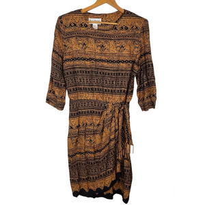 Vintage R.J. Stevens Brown Black Print Faux Wrap Midi Dress       Size: 12
